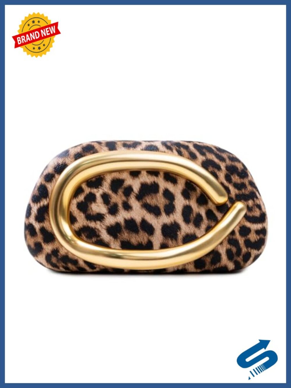 Leopard Print Faux Leather Clutch Gold Oval Hard Shell Evening Bag
